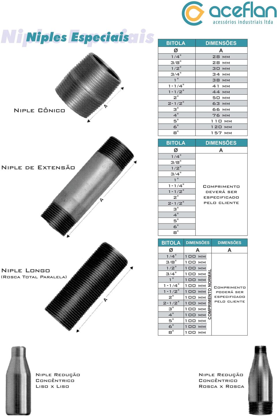 (Rosca Total Paralela) BITOLA Ø 1/4" 3/8" 1/2" 3/4" 1" 11/4" 11/2" 2" 21/2" 3" 4" 5" 6" 8" DIMENSÕES A 100 mm 100 mm 100 mm 100 mm 100 mm 100 mm 100 mm 100 mm 100 mm 100 mm 100