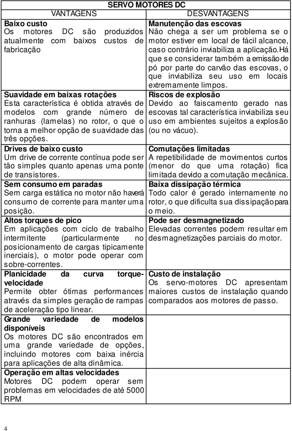 Sem consumo em paradas Sem carga estática no motor não haverá consumo de corrente para manter uma posição.