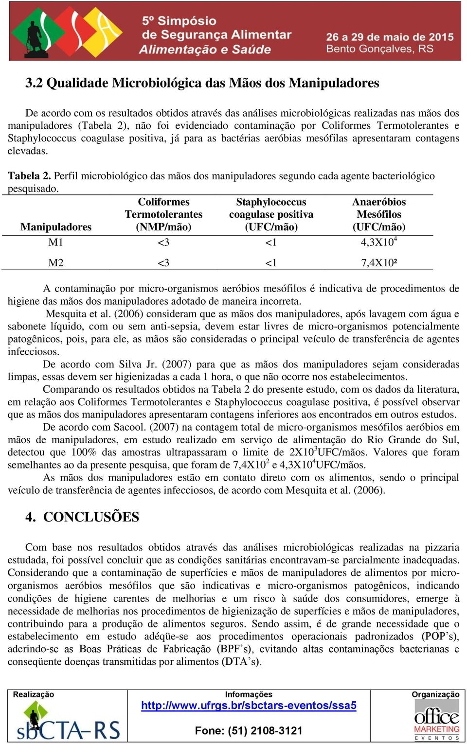 Perfil microbiológico das mãos dos manipuladores segundo cada agente bacteriológico pesquisado.