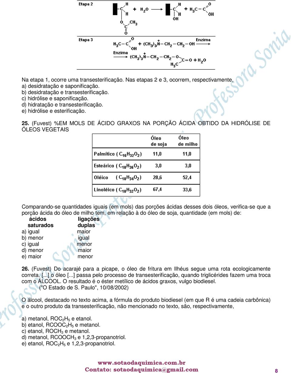 (Fuvest) %EM MOLS DE ÁCIDO GRAXOS NA PORÇÃO ÁCIDA OBTIDO DA HIDRÓLISE DE ÓLEOS VEGETAIS Comparando-se quantidades iguais (em mols) das porções ácidas desses dois óleos, verifica-se que a porção ácida