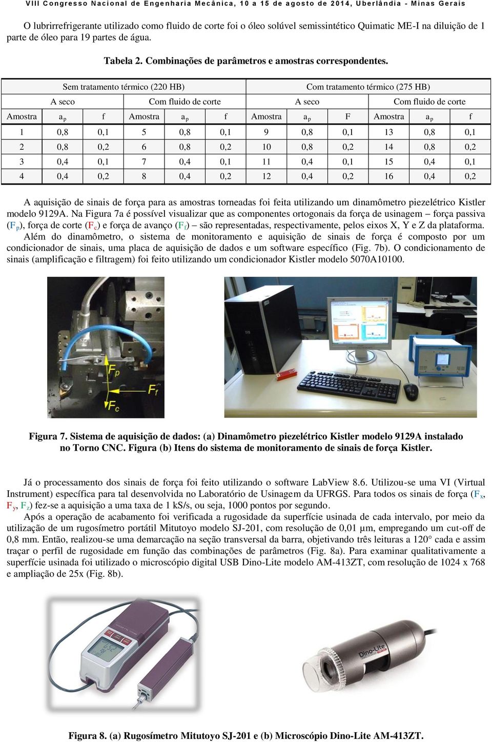 Sem tratamento térmico (220 HB) Com tratamento térmico (275 HB) A seco A seco Amostra a p f Amostra a p f Amostra a p F Amostra a p f 1 0,8 0,1 5 0,8 0,1 9 0,8 0,1 13 0,8 0,1 2 0,8 0,2 6 0,8 0,2 10