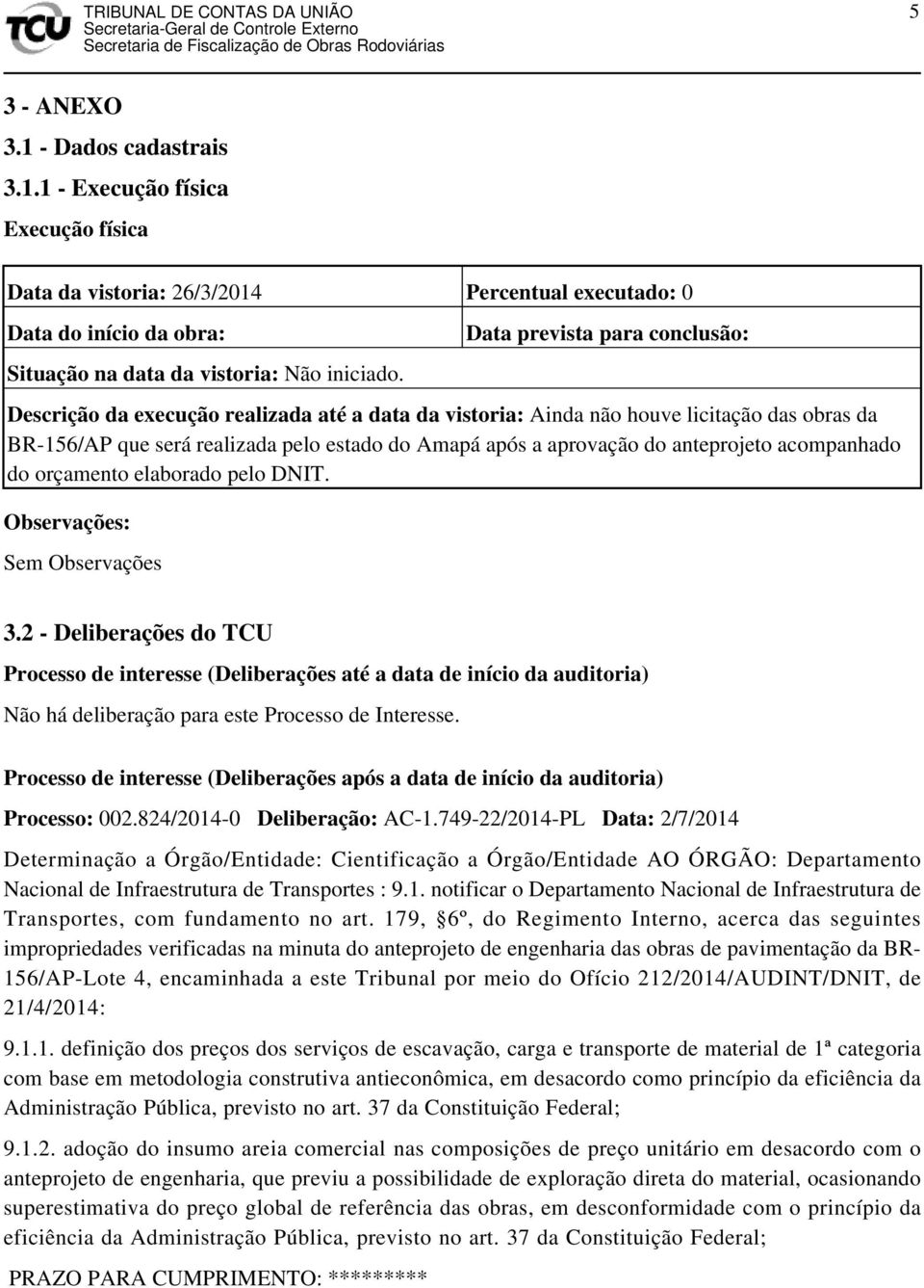 anteprojeto acompanhado do orçamento elaborado pelo DNIT. Observações: Sem Observações 3.