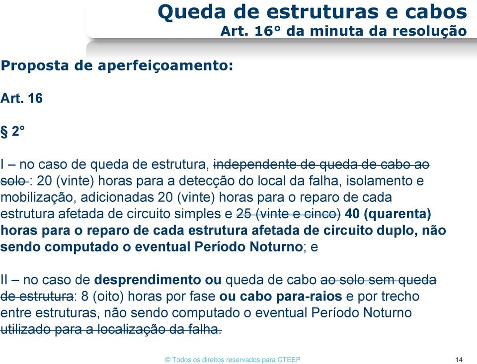 (vinte) horas para o reparo de cada estrutura afetada de circuito simples e 25 (vinte e cinco) 40 (quarenta) horas para o reparo de cada estrutura afetada de circuito duplo, não