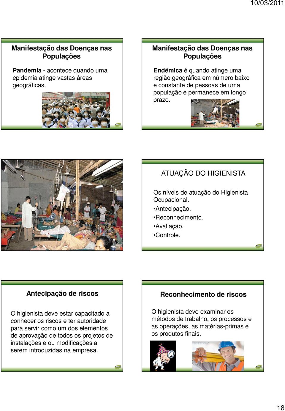 ATUAÇÃO DO HIGIENISTA Os níveis de atuação do Higienista Ocupacional. Antecipação. Reconhecimento. Avaliação. Controle.