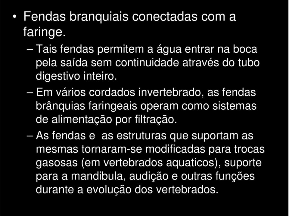 Em vários cordados invertebrado, as fendas brânquias faringeais operam como sistemas de alimentação por filtração.