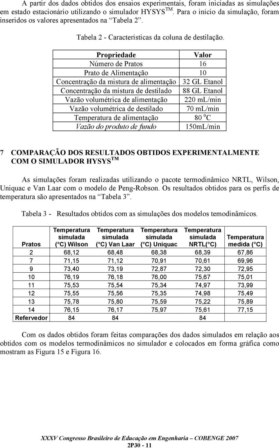 Propriedade Valor Número de Pratos 16 Prato de Alimentação 10 Concentração da mistura de alimentação 32 GL Etanol Concentração da mistura de destilado 88 GL Etanol Vazão volumétrica de alimentação