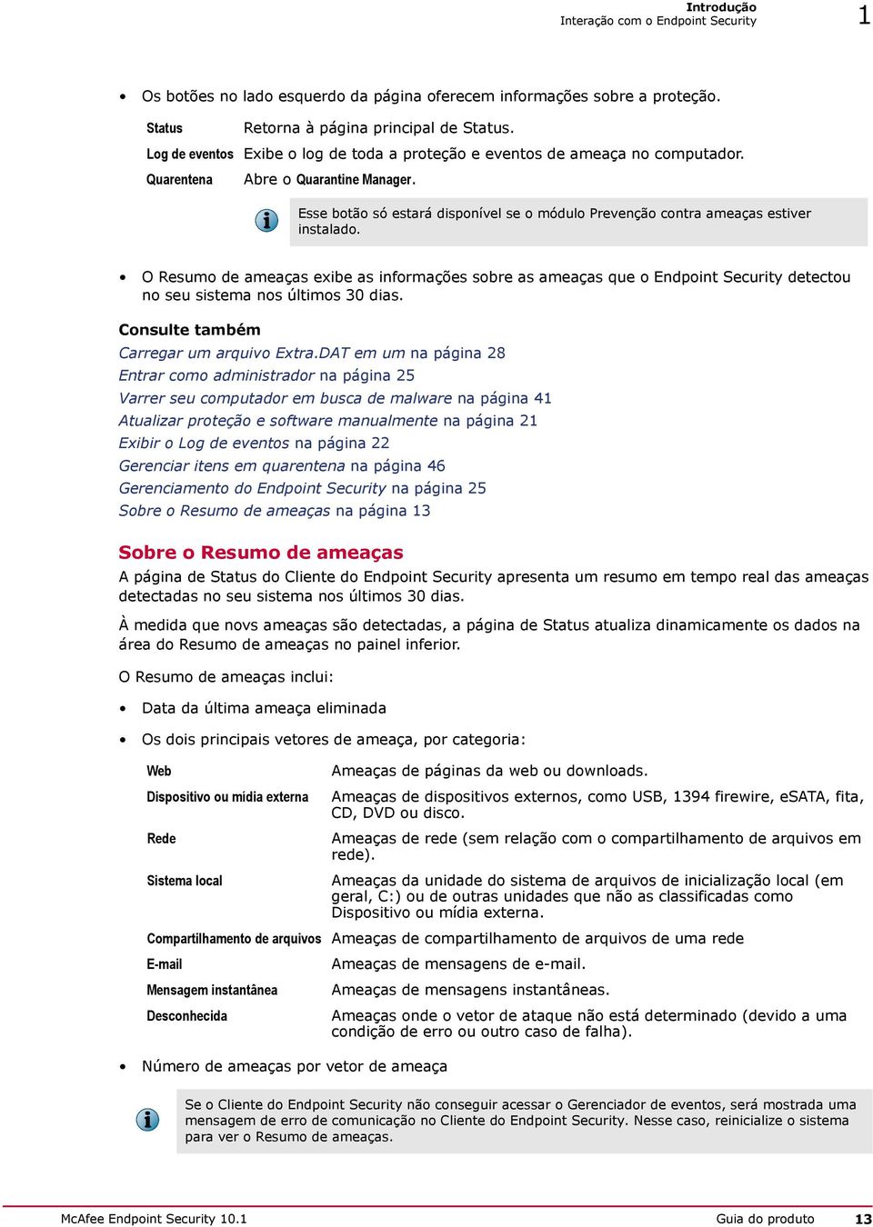 O Resumo de ameaças exibe as informações sobre as ameaças que o Endpoint Security detectou no seu sistema nos últimos 30 dias. Consulte também Carregar um arquivo Extra.