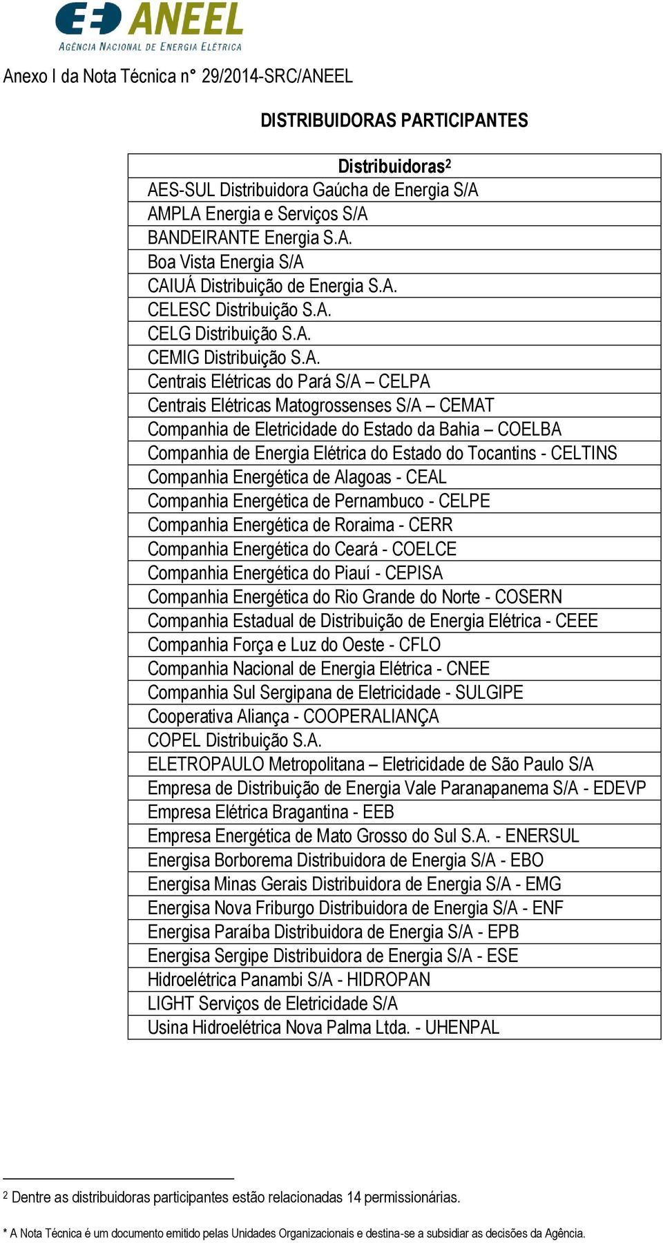 Bahia COELBA Companhia de Energia Elétrica do Estado do Tocantins - CELTINS Companhia Energética de Alagoas - CEAL Companhia Energética de Pernambuco - CELPE Companhia Energética de Roraima - CERR