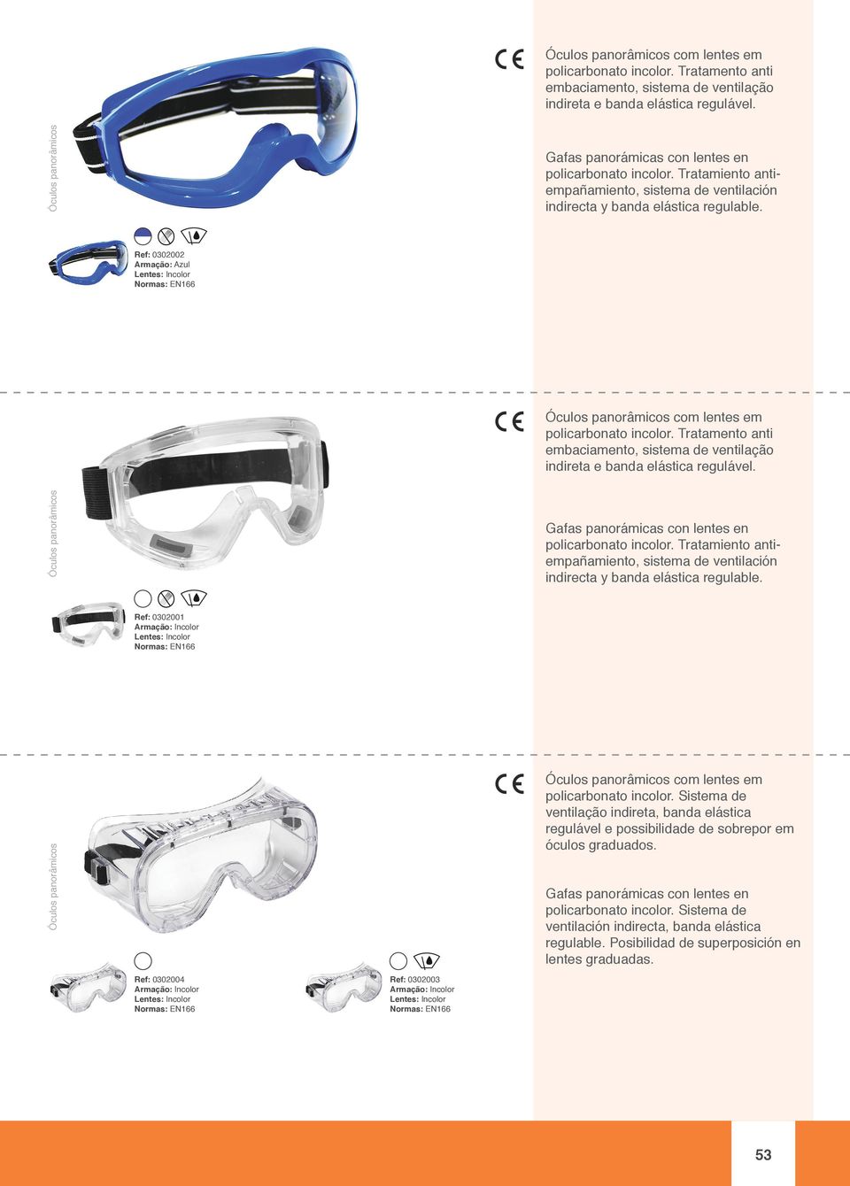 Ref: 0302002 Armação: Azul   Ref: 0302001 Óculos panorâmicos Ref: 0302004 Ref: 0302003 Óculos panorâmicos com lentes em policarbonato incolor.