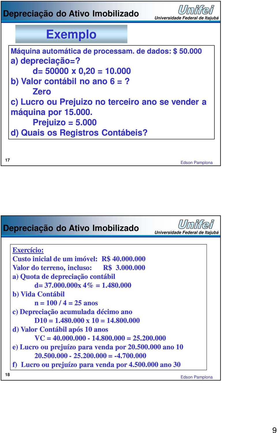 17 Depreciação do Ativo Imobilizado Exercício: Custo inicial de um imóvel: R$ 40.000.000 Valor do terreno, incluso: R$ 3.000.000 a) Quota de depreciação contábil d= 37.000.000x 4% = 1.480.