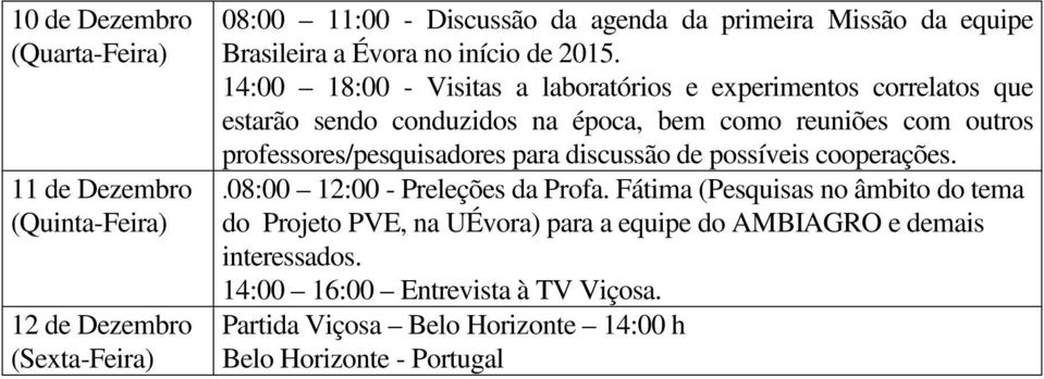 14:00 18:00 - Visitas a laboratórios e experimentos correlatos que estarão sendo conduzidos na época, bem como reuniões com outros professores/pesquisadores