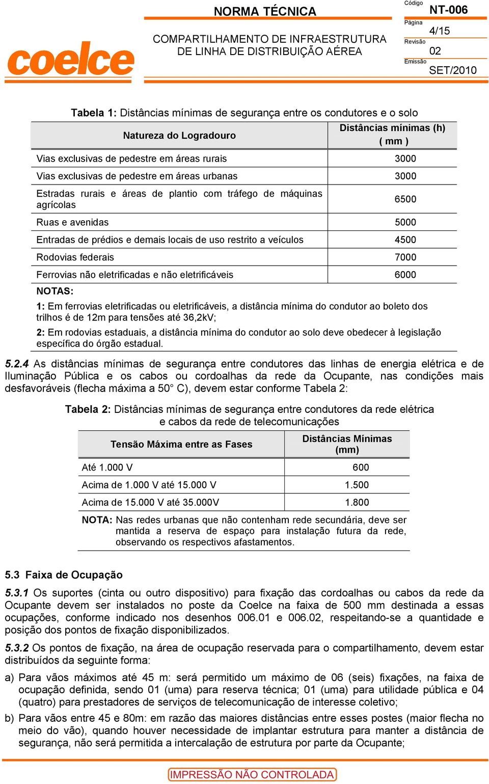 Rodovias federais 7000 Ferrovias não eletrificadas e não eletrificáveis 6000 NOTAS: 1: Em ferrovias eletrificadas ou eletrificáveis, a distância mínima do condutor ao boleto dos trilhos é de 12m para