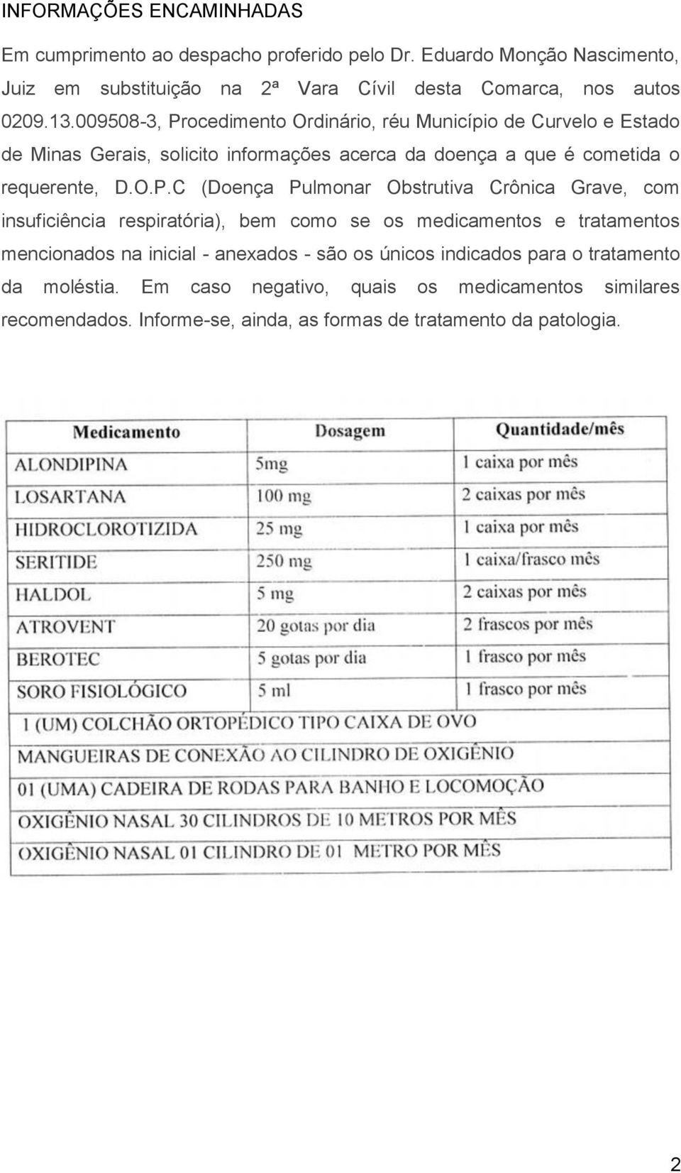 ocedimento Ordinário, réu Município de Curvelo e Estado de Minas Gerais, solicito informações acerca da doença a que é cometida o requerente, D.O.P.