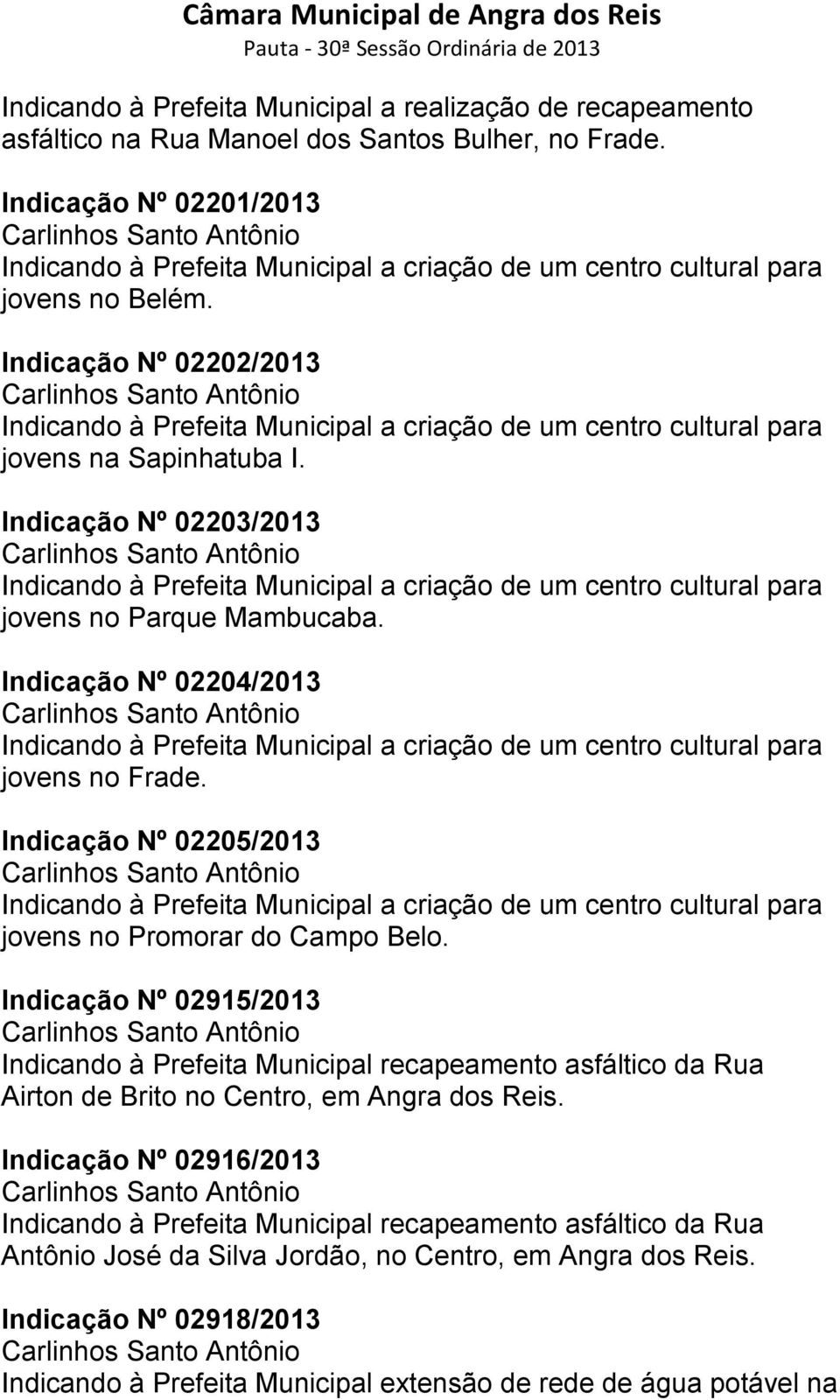 Indicação Nº 02202/2013 Carlinhos Santo Antônio Indicando à Prefeita Municipal a criação de um centro cultural para jovens na Sapinhatuba I.