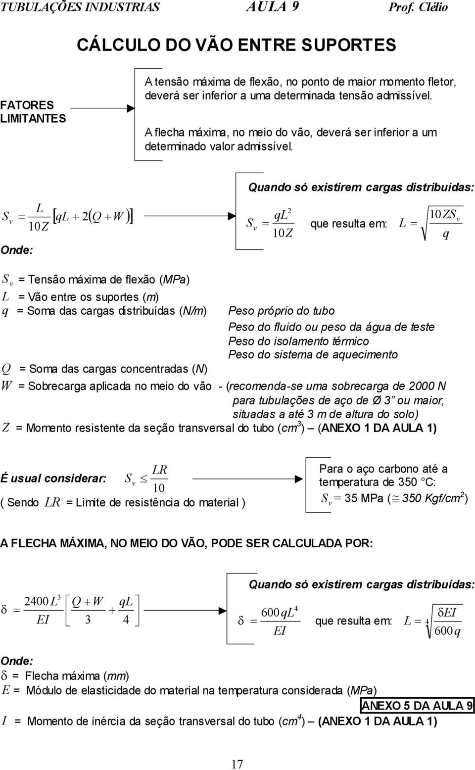 L S v = + 10Z Onde: [ ql + ( Q W )] Quando só existirem cargas distribuídas: ql S v = que resulta em: L = 10Z 10ZS q v S v = Tensão máxima de flexão (MPa) L = Vão entre os suportes (m) q = Soma das