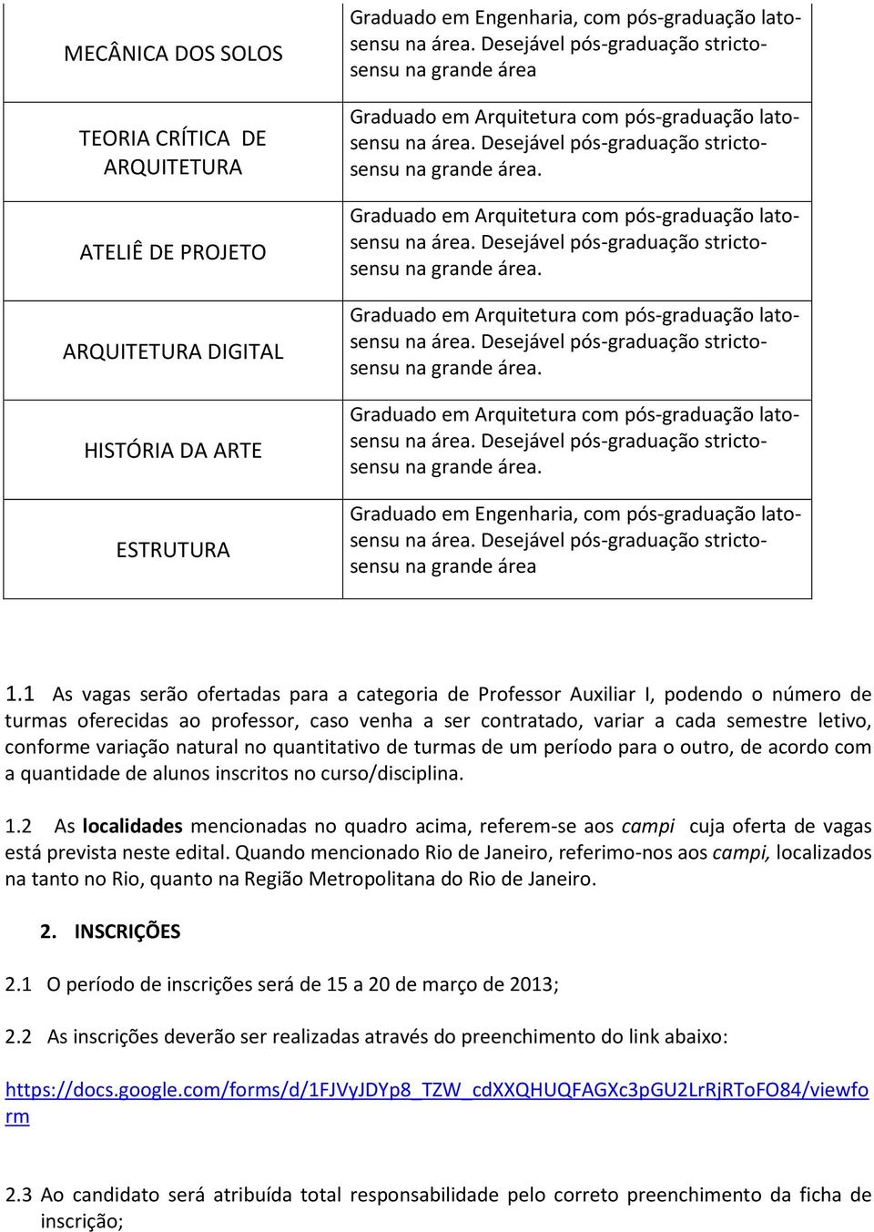 1 As vagas serão ofertadas para a categoria de Professor Auxiliar I, podendo o número de turmas oferecidas ao professor, caso venha a ser contratado, variar a cada semestre letivo, conforme variação