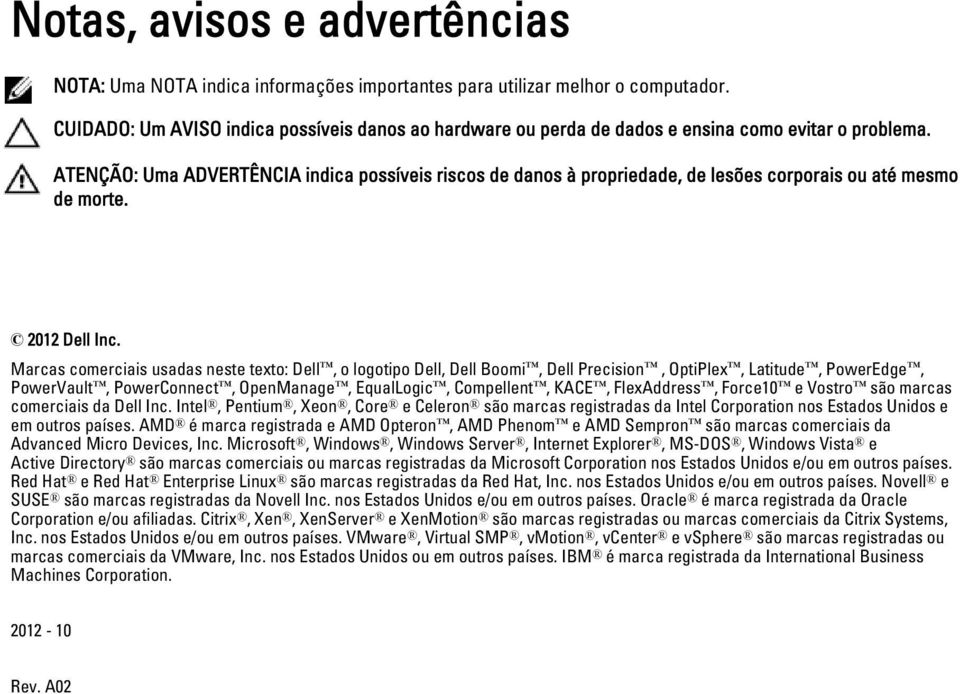 ATENÇÃO: Uma ADVERTÊNCIA indica possíveis riscos de danos à propriedade, de lesões corporais ou até mesmo de morte. 2012 Dell Inc.