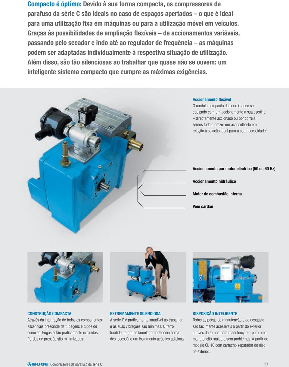 Graças às possibilidades de ampliação flexíveis de accionamentos variáveis, passando pelo secador e indo até ao regulador de frequência as máquinas podem ser adaptadas individualmente à respectiva