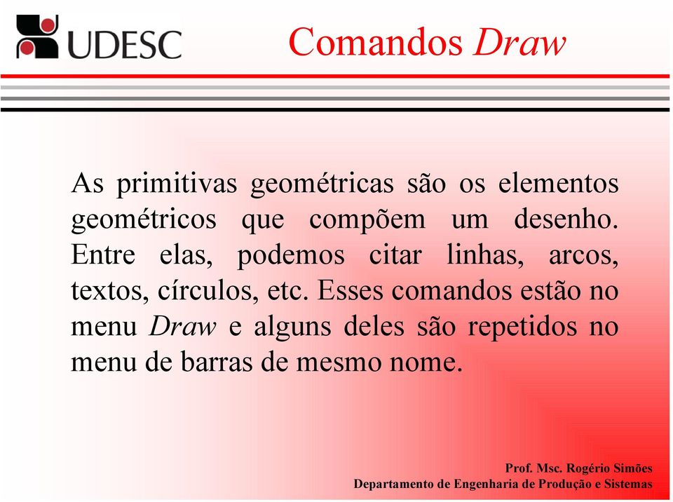 Entre elas, podemos citar linhas, arcos, textos, círculos, etc.