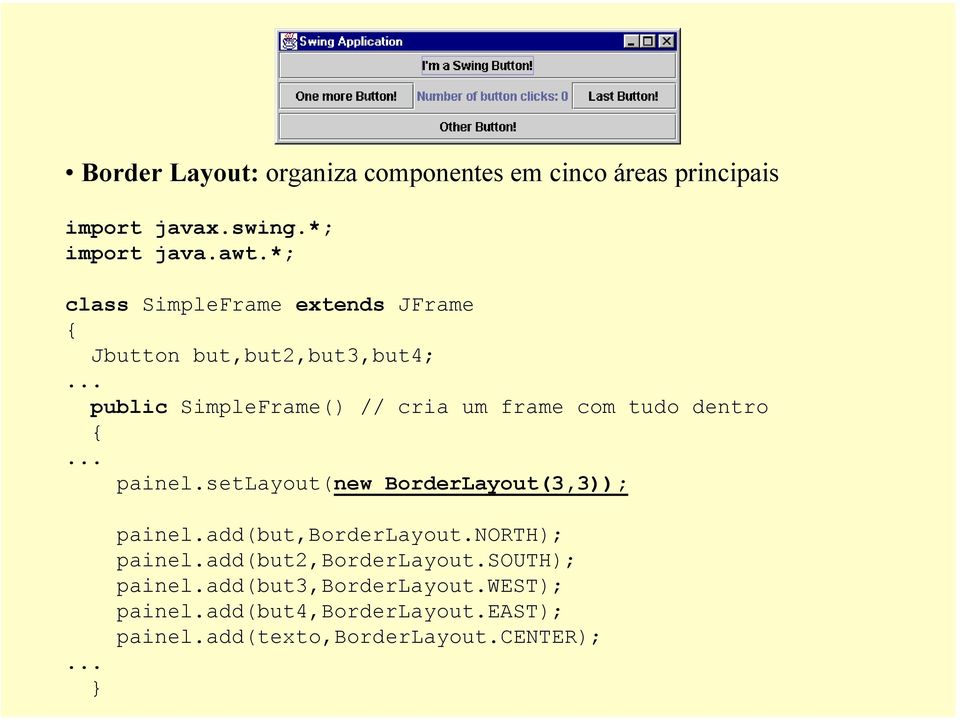 .. public SimpleFrame() // cria um frame com tudo dentro... painel.setlayout(new BorderLayout(3,3));... } painel.