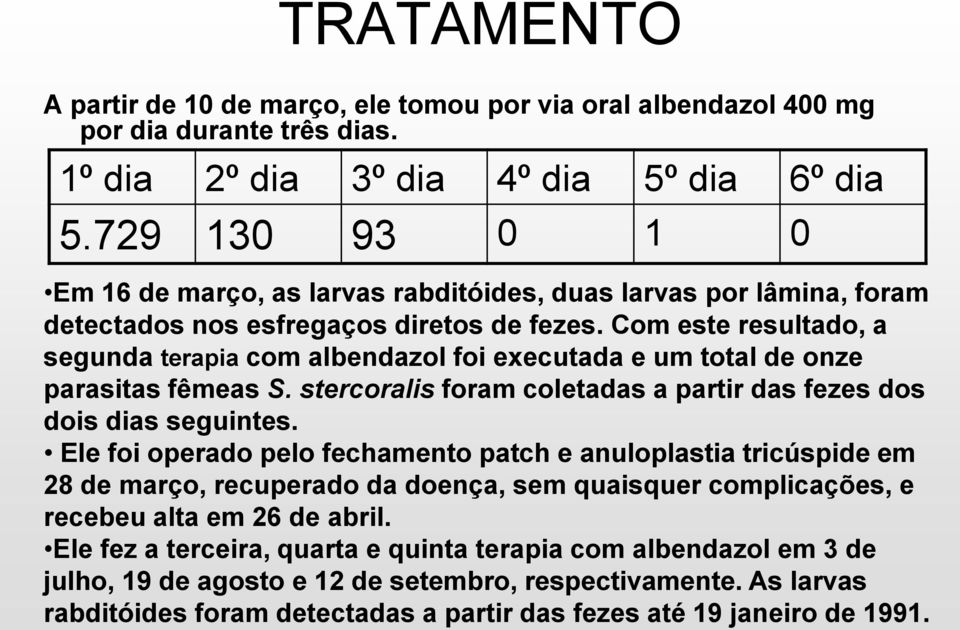 Com este resultado, a segunda terapia com albendazol foi executada e um total de onze parasitas fêmeas S. stercoralis foram coletadas a partir das fezes dos dois dias seguintes.