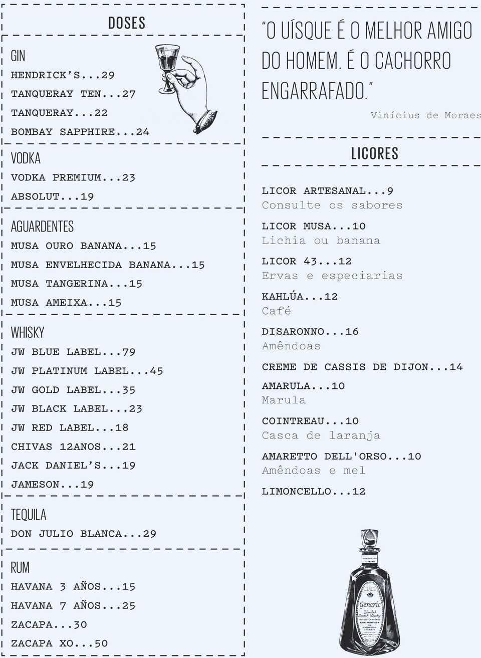 ..19 Tequila Don Julio Blanca...29 O uísque é o melhor amigo do homem. É o cachorro engarrafado. licores Licor Artesanal...9 Consulte os sabores Licor Musa...10 Lichia ou banana Licor 43.