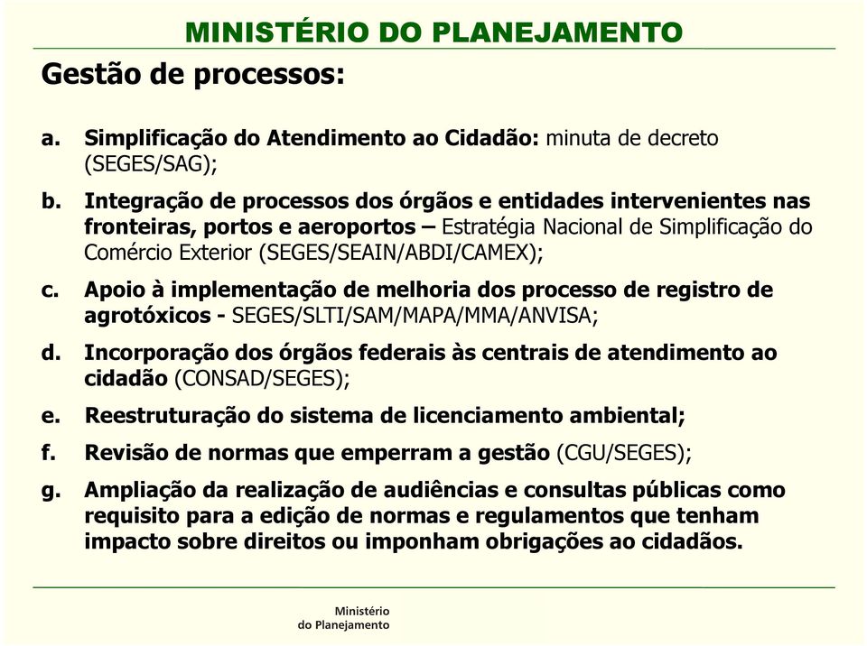 Apoio à implementação de melhoria dos processo de registro de agrotóxicos - SEGES/SLTI/SAM/MAPA/MMA/ANVISA; d.