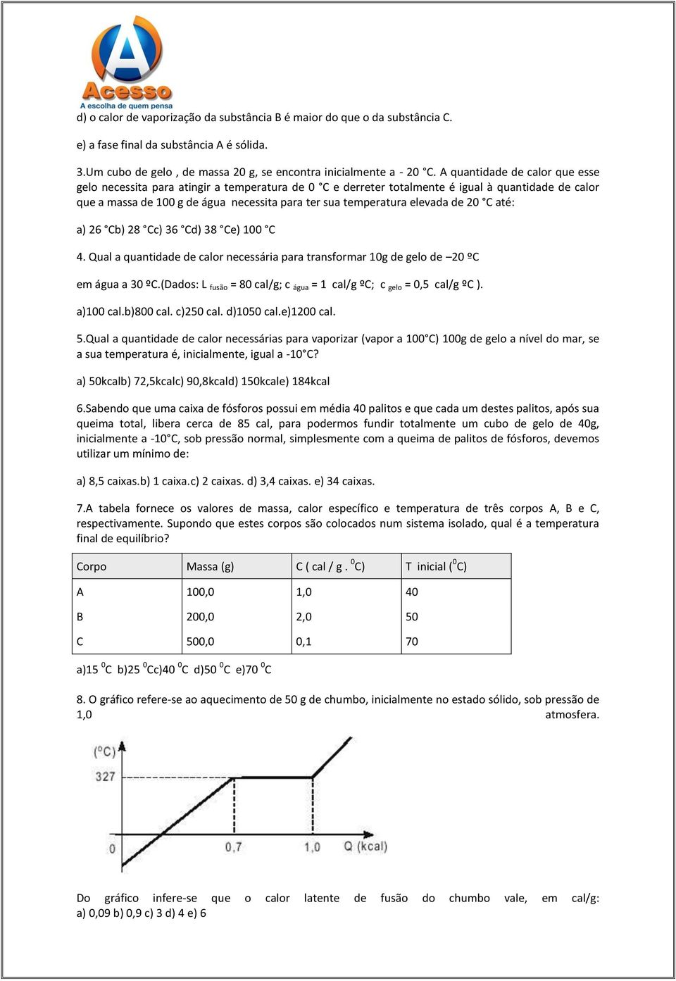 elevada de 20 C até: a) 26 Cb) 28 Cc) 36 Cd) 38 Ce) 100 C 4. Qual a quantidade de calor necessária para transformar 10g de gelo de 20 ºC em água a 30 ºC.