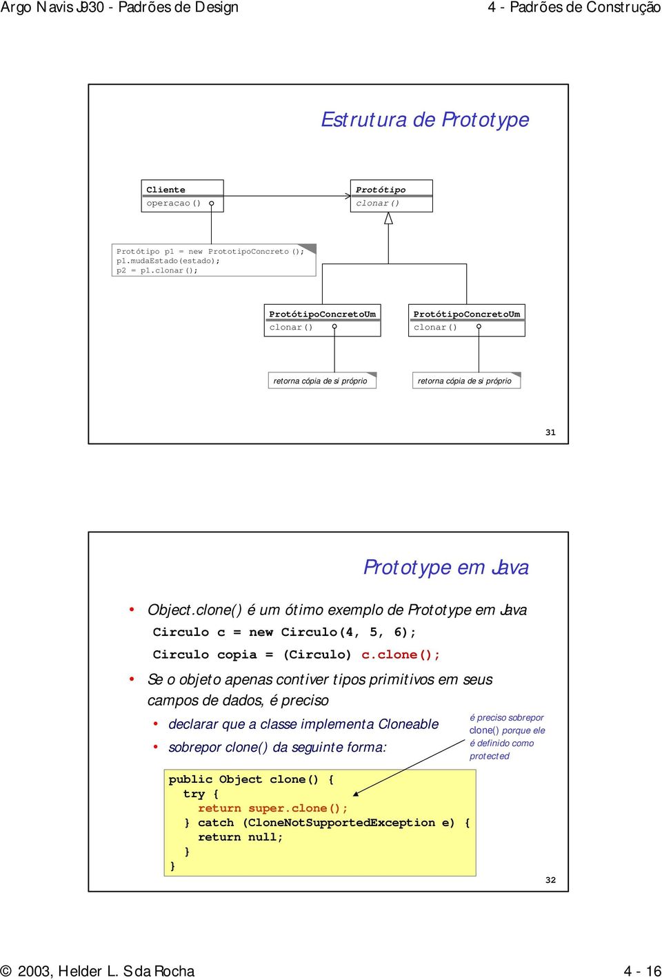 clone() é um ótimo exemplo de Prototype em Java Circulo c = new Circulo(4, 5, 6); Circulo copia = (Circulo) c.