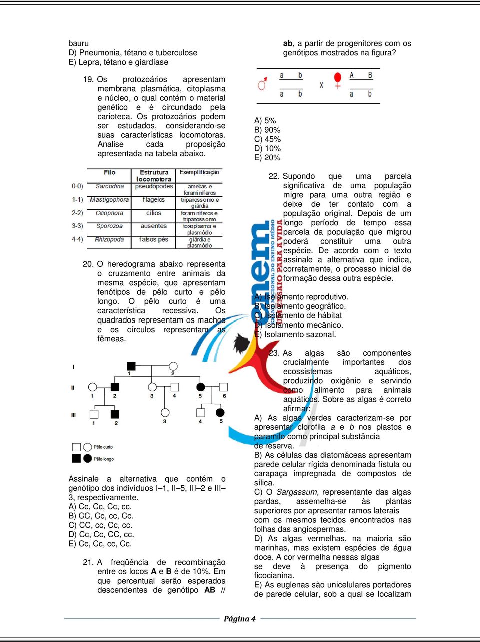 Os protozoários podem ser estudados, considerando-se suas características locomotoras. Analise cada proposição apresentada na tabela abaixo. 20.