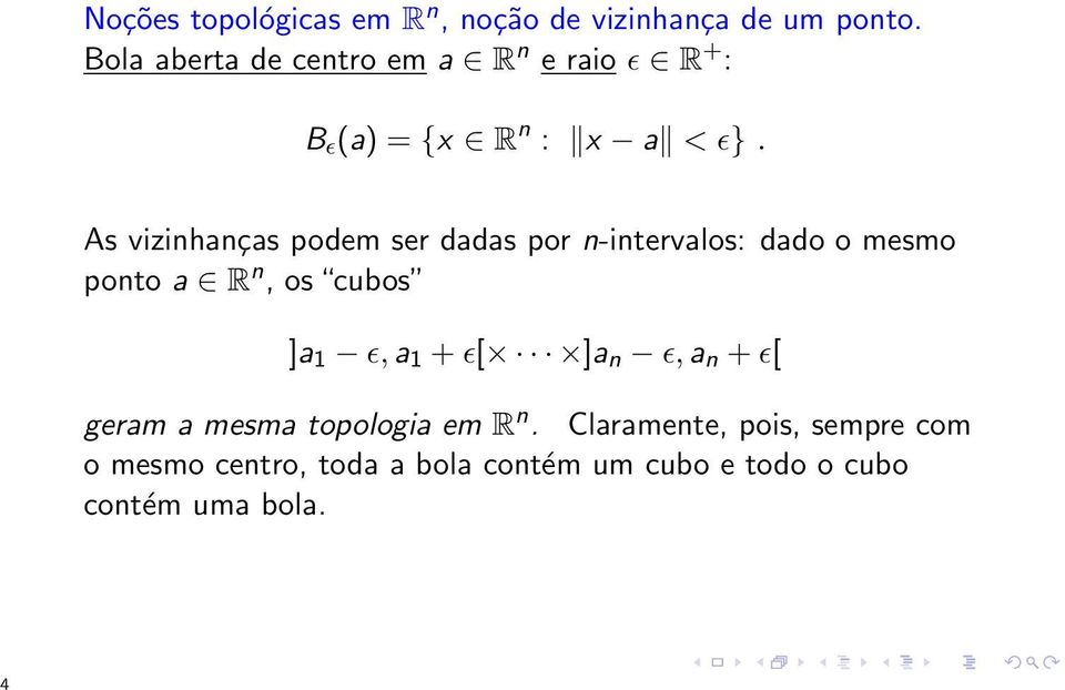 As vizinhanças podem ser dadas por n-intervalos: dado o mesmo ponto a R n, os cubos ]a 1 ɛ, a 1