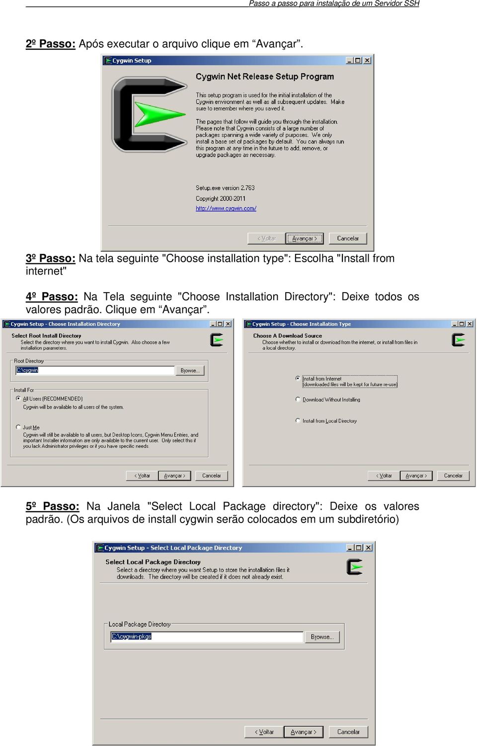 Tela seguinte "Choose Installation Directory": Deixe todos os valores padrão. Clique em Avançar.