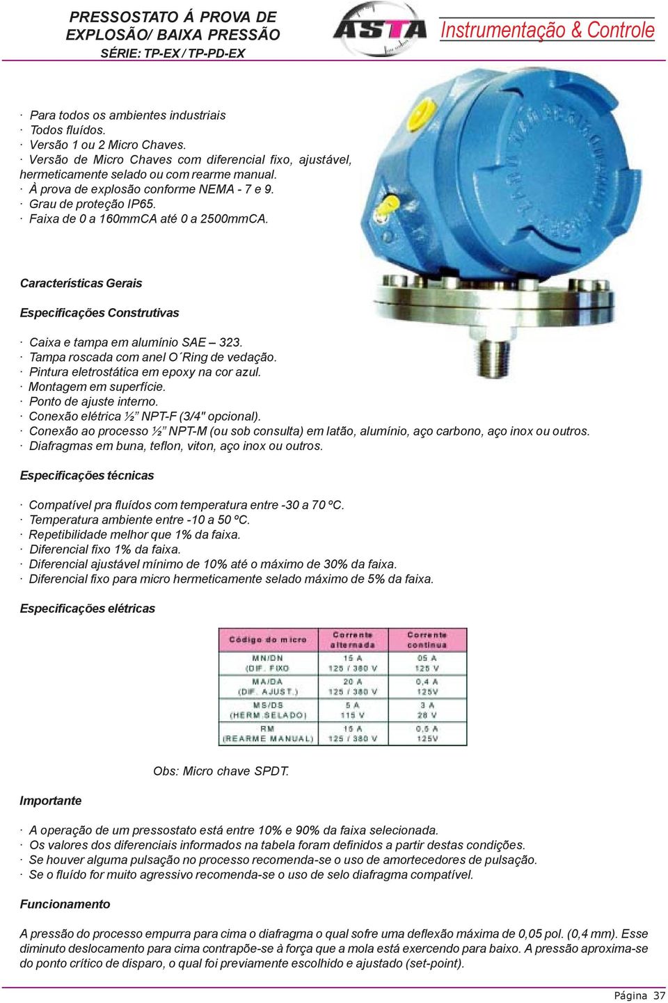 Faixa de 0 a 160mmCA até 0 a 2500mmCA. Características Gerais Especificações Construtivas Caixa e tampa em alumínio SAE 323. Tampa roscada com anel O Ring de vedação.