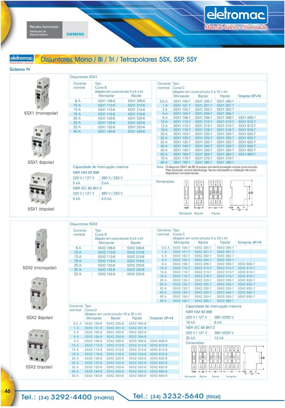 5SX1 2406 Capacidade de interrupção máxima NBR NM 60 898 220 V / 127 V 380 V / 220 V 5 ka 3 ka NBR IEC 60 9472 220 V / 127 V 380 V / 220 V 5 ka 4,5 ka Corrente Curva C (disparo em curtocircuito 5 a