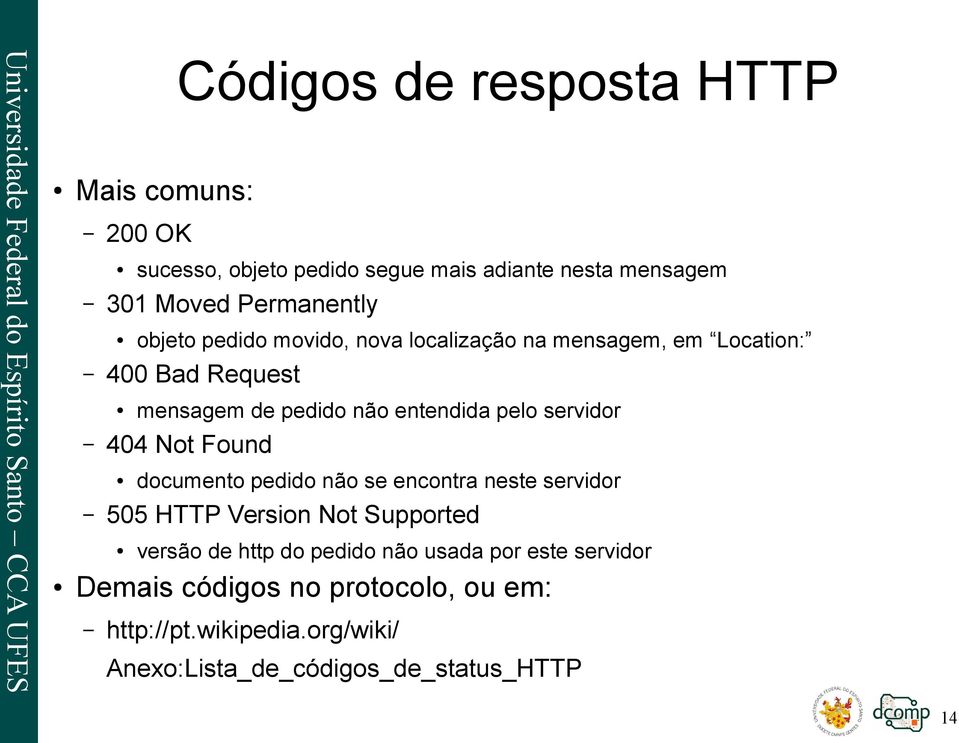 servidor 404 Not Found documento pedido não se encontra neste servidor 505 HTTP Version Not Supported versão de http do