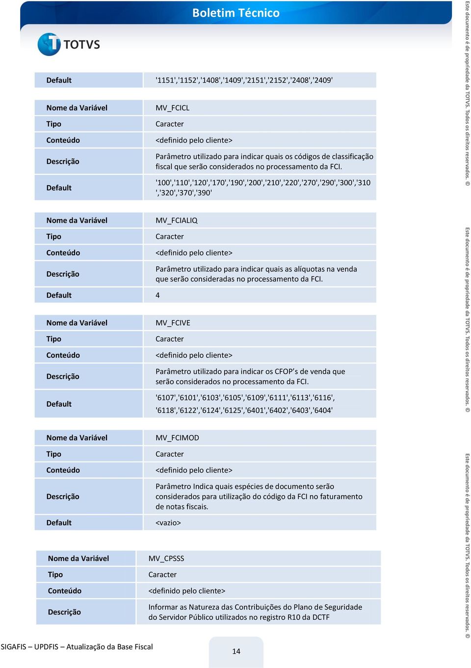 processamento da FCI. Default 4 Default MV_FCIVE Parâmetro utilizado para indicar os CFOP s de venda que serão considerados no processamento da FCI.