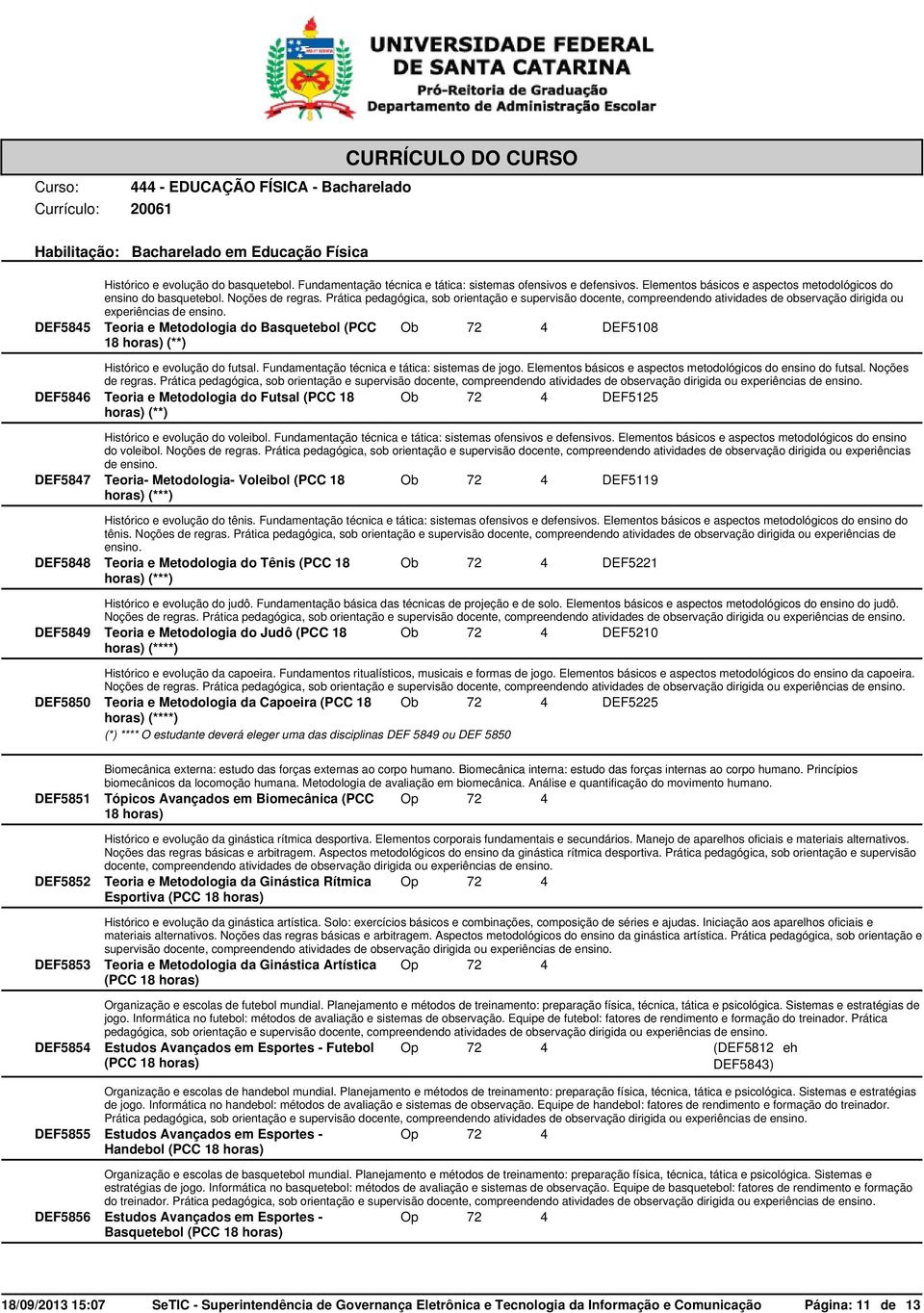 DEF5845 Teoria e Metodologia do Basquetebol (PCC 18 (**) Ob 72 4 DEF5108 Histórico e evolução do futsal. Fundamentação técnica e tática: sistemas de jogo.