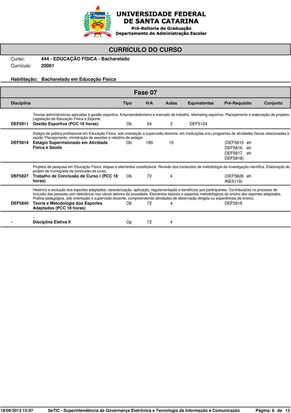 DEF5811 Gestão Esportiva (PCC 18 Ob 54 3 DEF5124 Estágio de prática profissional em Educação Física, sob orientação e supervisão docente, em instituições e/ou programas de atividades físicas