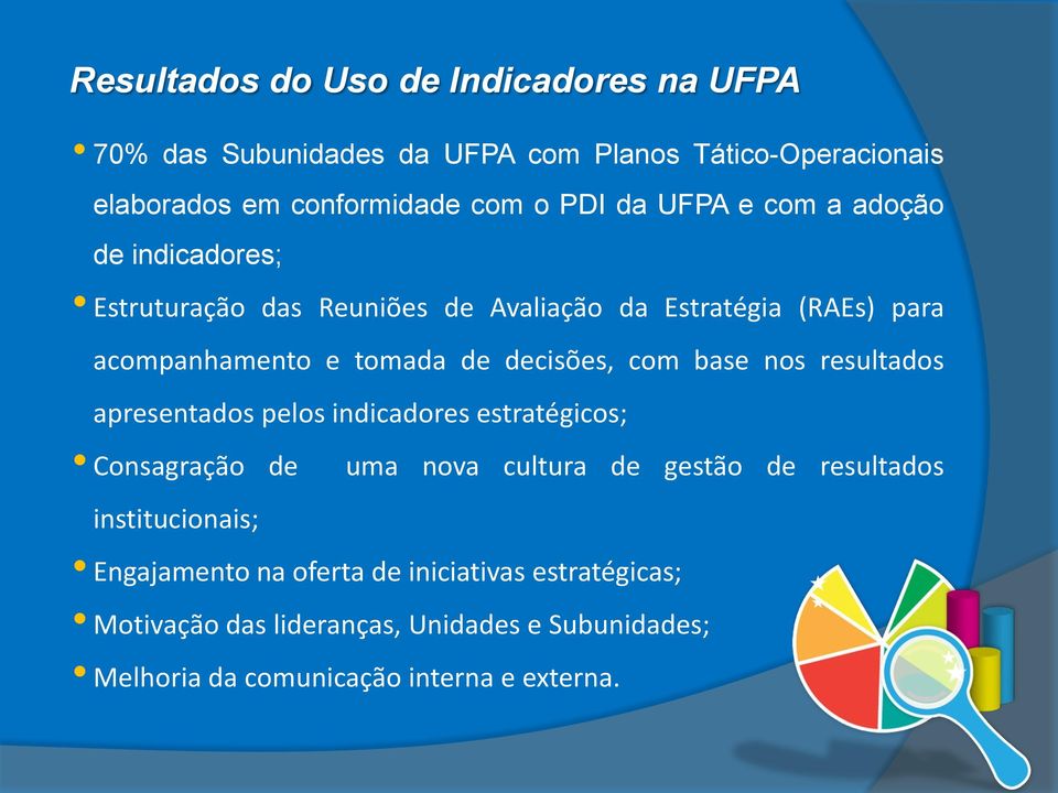 com base nos resultados apresentados pelos indicadores estratégicos; Consagração de uma nova cultura de gestão de resultados institucionais;