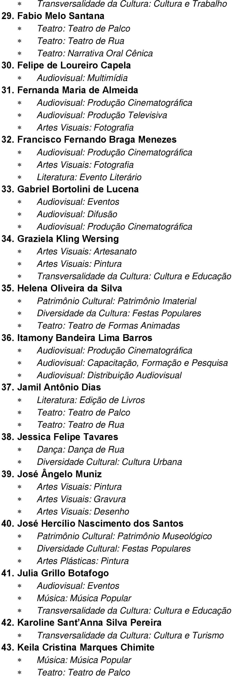 Helena Oliveira da Silva Diversidade da Cultura: Festas Populares 36. Itamony Bandeira Lima Barros Audiovisual: Capacitação, Formação e Pesquisa Audiovisual: Distribuição Audiovisual 37.