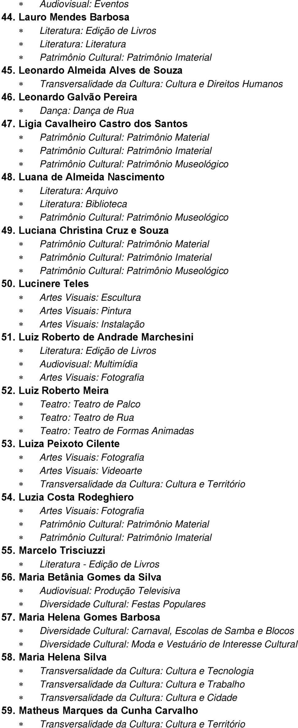 Lucinere Teles Artes Visuais: Escultura Artes Visuais: Instalação 51. Luiz Roberto de Andrade Marchesini Audiovisual: Multimídia 52. Luiz Roberto Meira 53.
