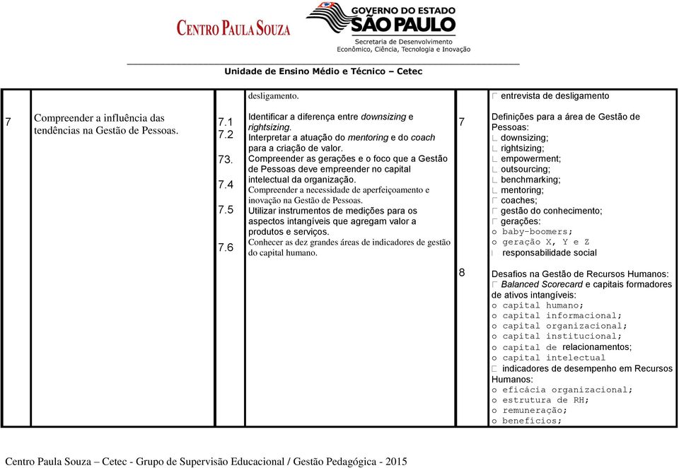 Compreender a necessidade de aperfeiçoamento e inovação na Gestão de Pessoas. Utilizar instrumentos de medições para os aspectos intangíveis que agregam valor a produtos e serviços.