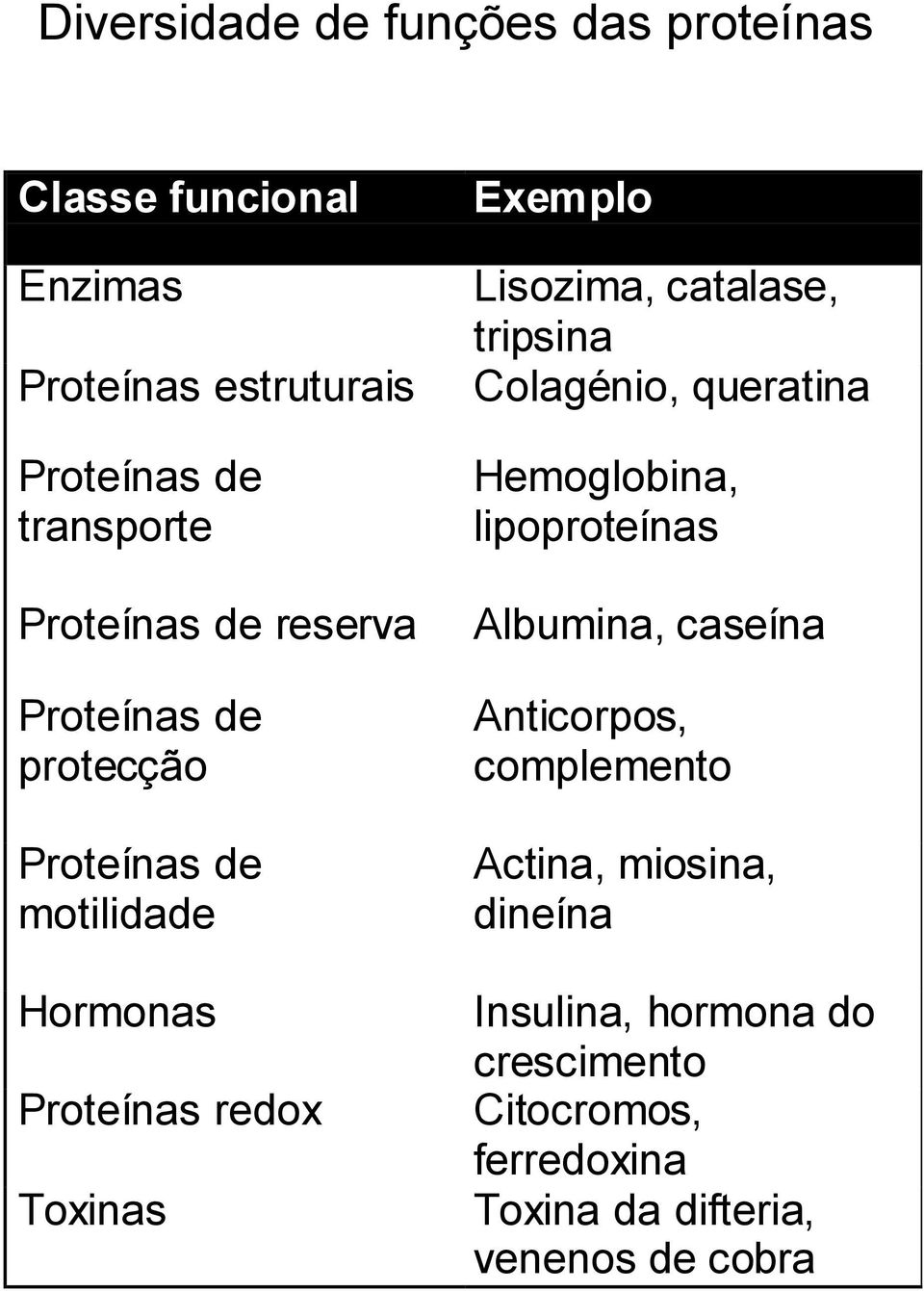 Lisozima, catalase, tripsina Colagénio, queratina Hemoglobina, lipoproteínas Albumina, caseína Anticorpos,