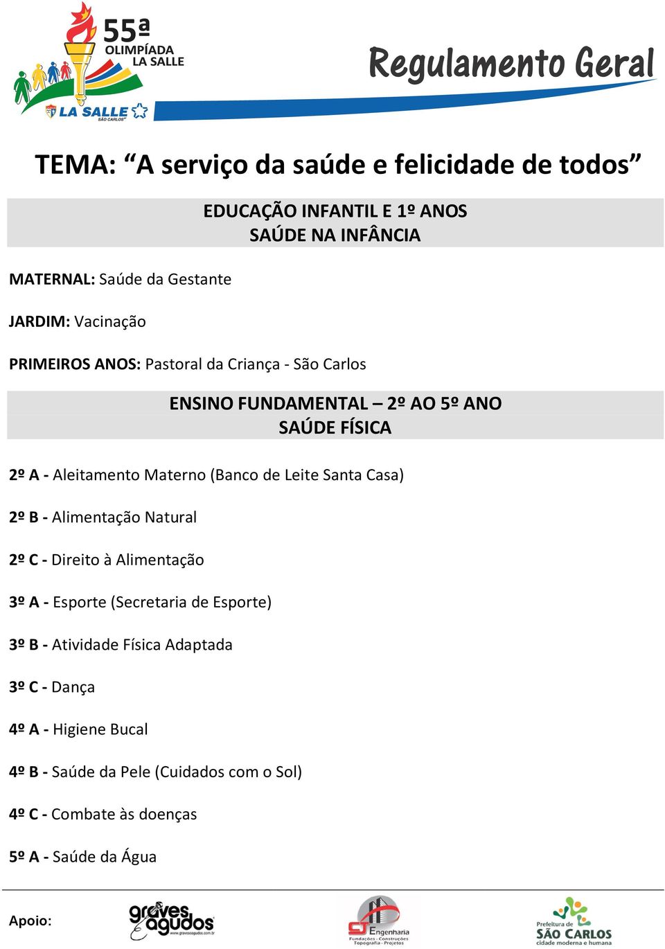 (Banco de Leite Santa Casa) 2º B - Alimentação Natural 2º C - Direito à Alimentação 3º A - Esporte (Secretaria de Esporte) 3º B -