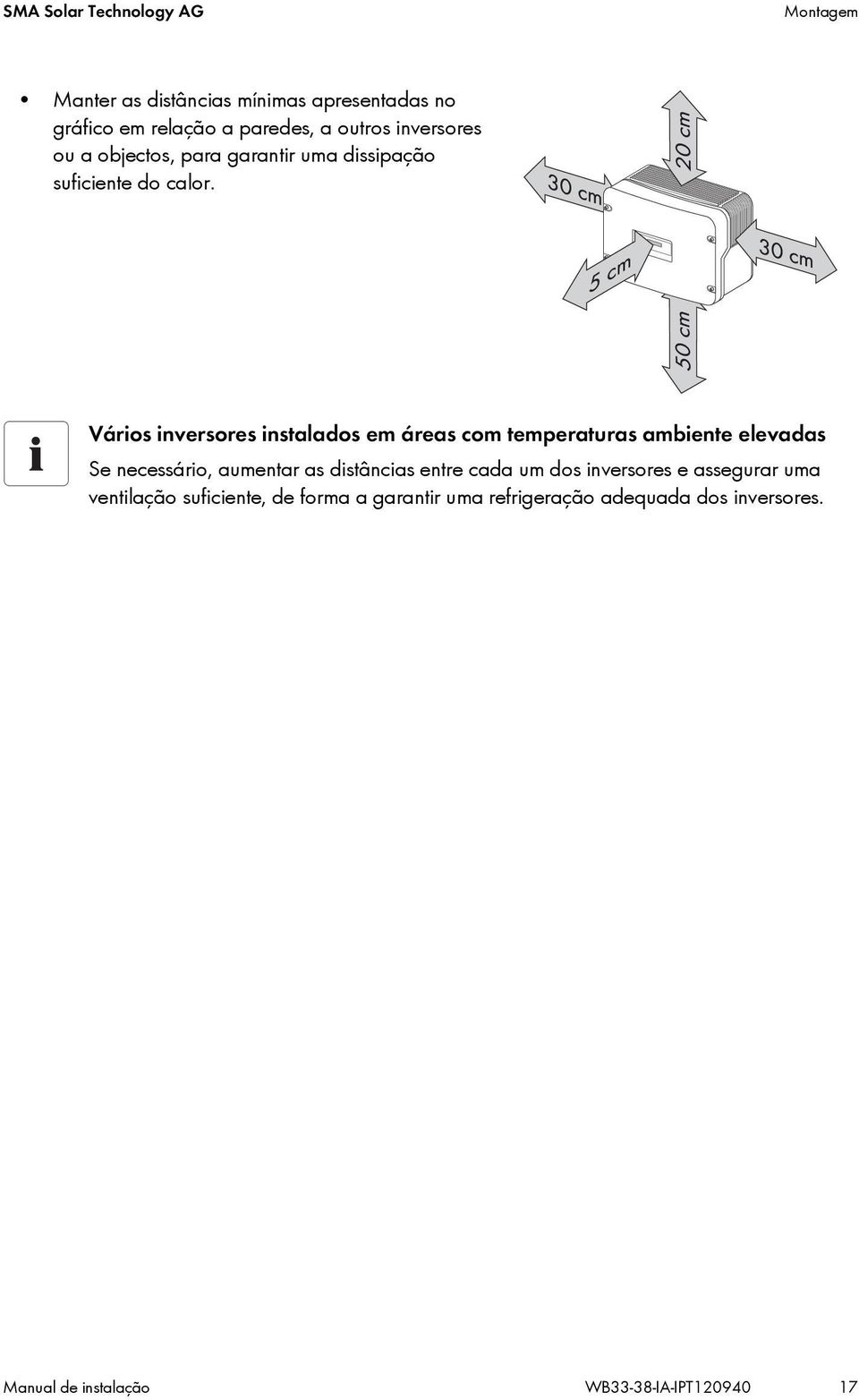 Vários inversores instalados em áreas com temperaturas ambiente elevadas Se necessário, aumentar as distâncias entre