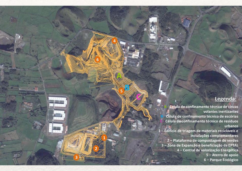 triagem de materiais recicláveis e instalações complementares 2 Plataforma de compostagem de verdes 3 Zona