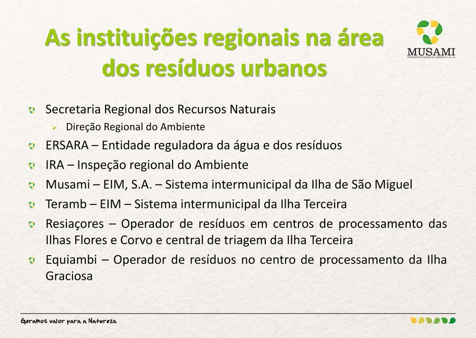 Ilha de São Miguel Teramb EIM Sistema intermunicipal da Ilha Terceira Resiaçores Operador de resíduos em centros de processamento