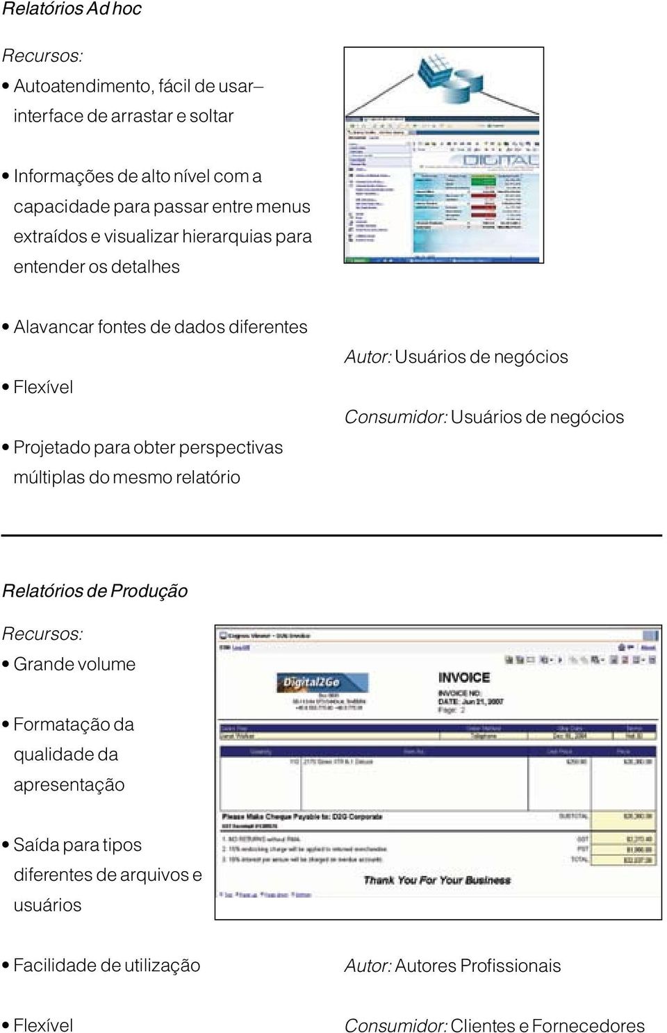 do mesmo relatório Autor: Usuários de negócios Consumidor: Usuários de negócios Relatórios de Produção Grande volume Formatação da qualidade da