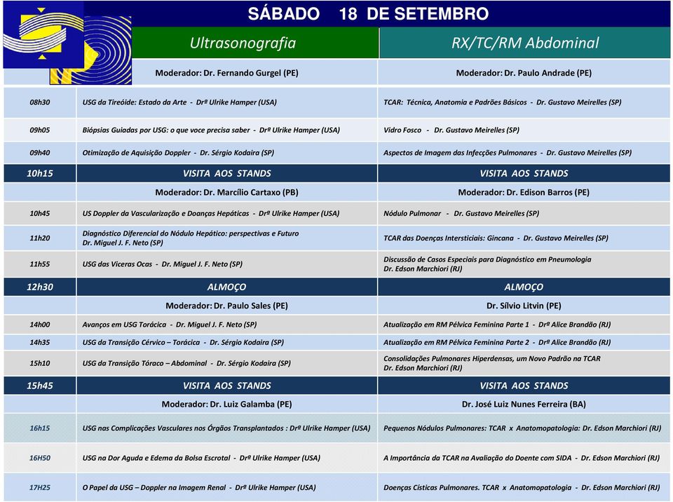 Gustavo Meirelles (SP) 09h05 Biópsias Guiadas por USG: o que voce precisa saber - Drª Ulrike Hamper(USA) Vidro Fosco - Dr. Gustavo Meirelles (SP) 09h40 Otimização de Aquisição Doppler - Dr.