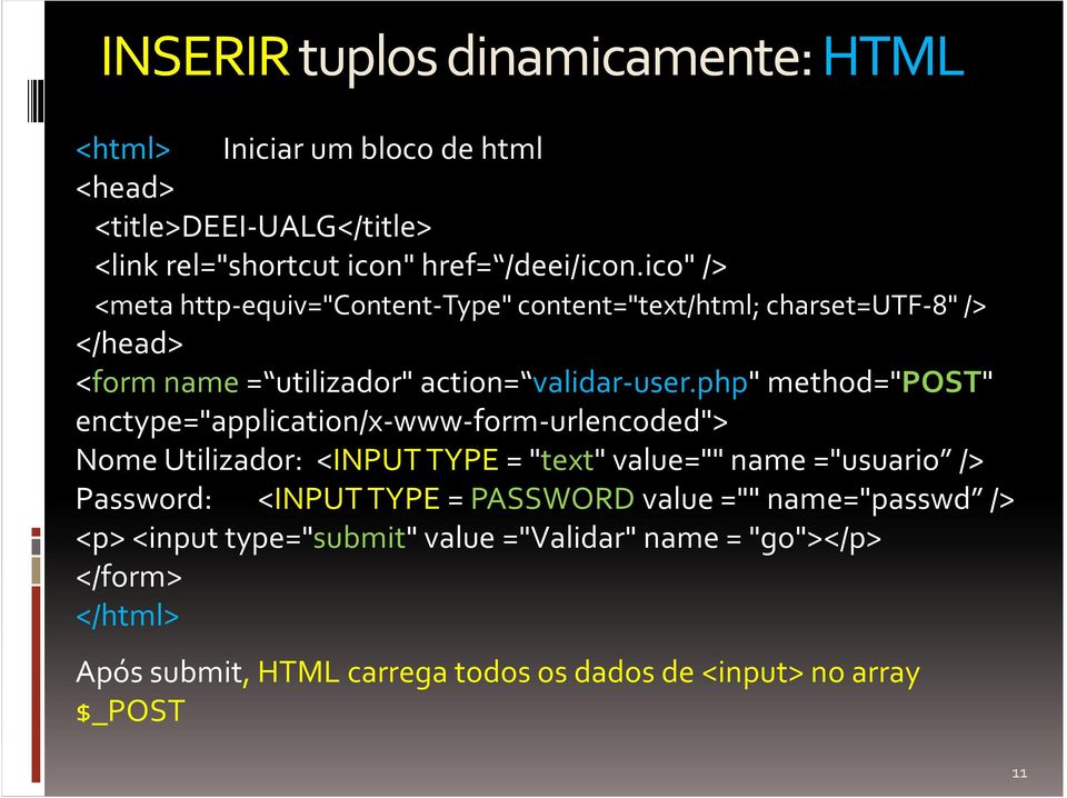 php" method="post" enctype="application/x-www-form-urlencoded"> Nome Utilizador: <INPUT TYPE = "text" value="" name="usuario /> Password: <INPUT TYPE =